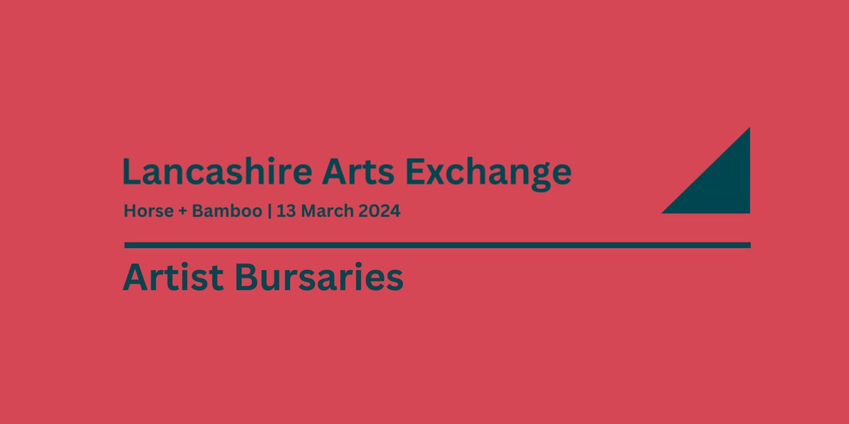 ARTIST BURSARIES

We have 5 Arts Exchange bursaries of £100 each to award to enable freelance artists to attend this year’s Lancashire Arts Exchange <a href="/HorseandBamboo/">Horse + Bamboo</a>. Our event focus is climate leadership, action &amp; justice in the arts.

Apply by 5pm 16 Feb: tinyurl.com/28urymhm