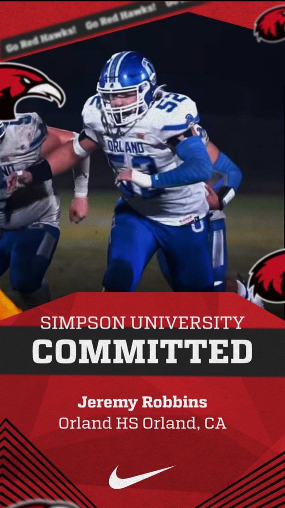 We got a pipeline going!! Another player that peaked later in football. Jeremy Robbins, one more kid on arguably the best OL Orland has ever had, has committed to Simpson University as well. Congrats on this accomplishment Jeremy 🤝