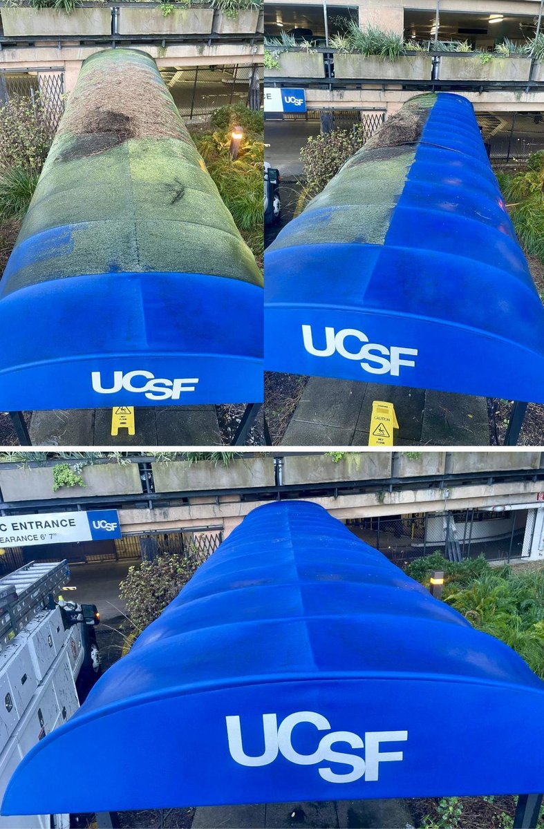 UCSF Facilities Manager Josh Adams recently worked with a local small business, Bird Busters Inc., to clean the awnings at the rear entry to the School of Dentistry and the Irving Street entrance to the Millberry Union garage. What a difference the cleaning made!