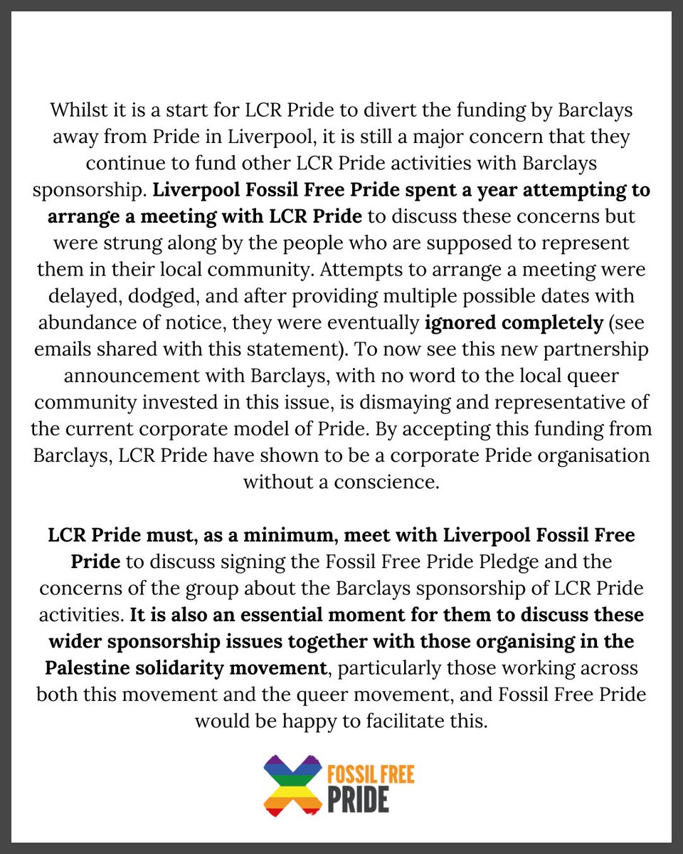 Our statement following @LCRPride's shameful new partnership with @barclays and their concerning approach to objections raised by LGBTQ+ people in the local community via @dropbarclays.

#DropBarclays #NoPrideInFossilFuels #NoPrideInGenocide