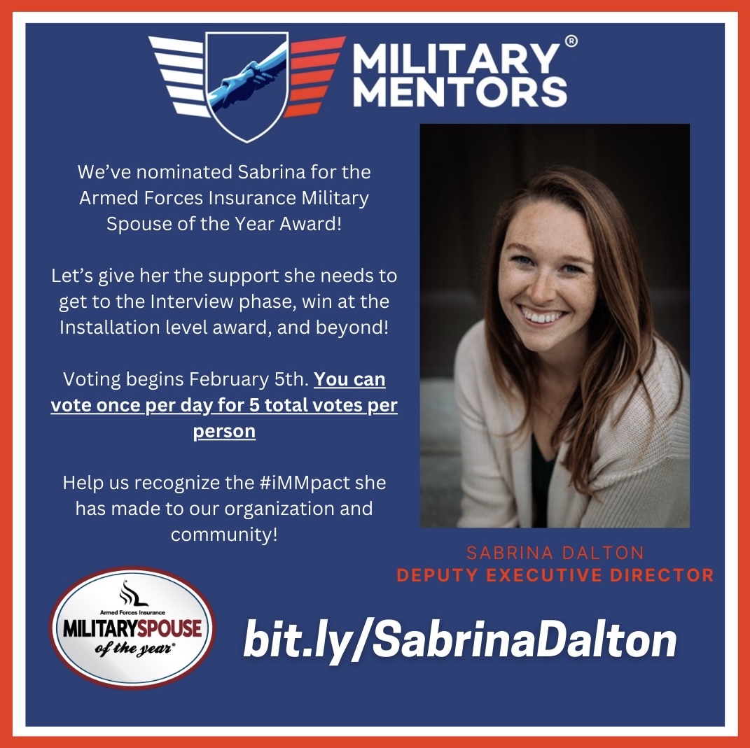 milmentors's tweet image. Vote for Sabrina! Visit bit.ly/SabrinaDalton

CORRECTION from yesterday: Sabrina is our Deputy Executive Director! 

Help us recognize her continued #iMMpact she's made to #DentTheUniverse by taking a brief #MMoment everyday this week to vote for her. 

🔄 🎓 ⬆️