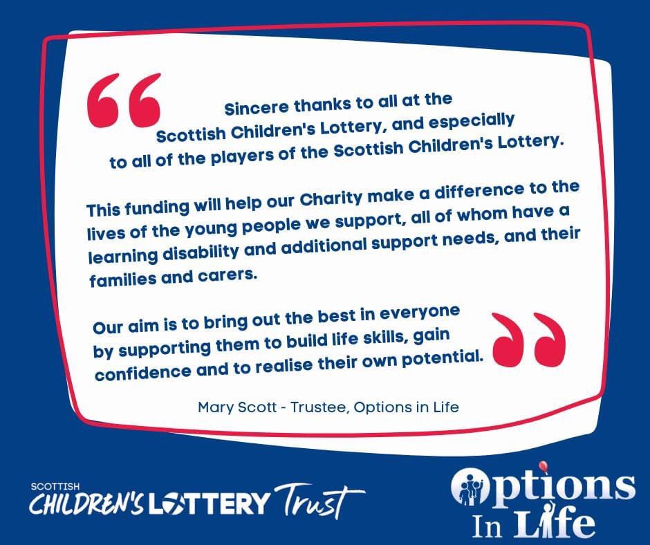 We are delighted to be able to help @Options_In_Life with a grant award which will support the fantastic activities that they deliver. Keep up the great work.

@SC_Lottery #whatarethechances #scotland #charityfunding