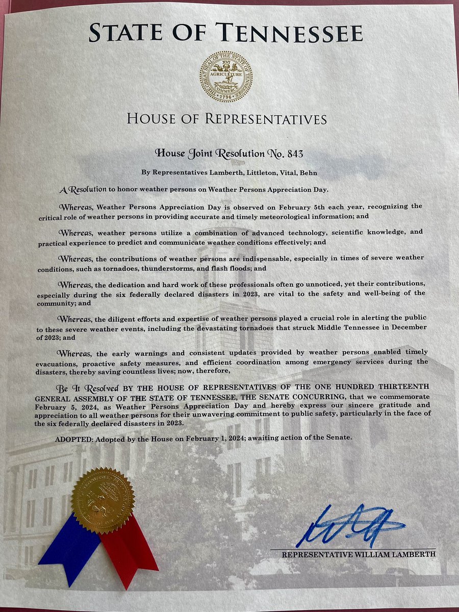 DanielleBreezy's tweet photo. Honored to receive this Proclamation for Weather Persons Appreciation Day from @WilliamLamberth alongside fellow @NWSNashville meteorologist @MIC_Krissy! What a special morning! 🙌 @wkrn https://t.co/v0quRJ88zz