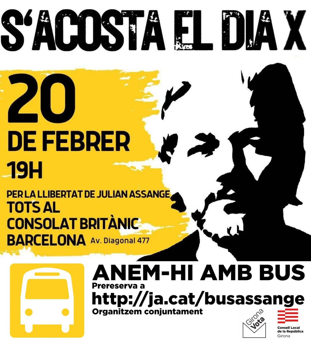 ✊Us animem a assistir a la concentració davant del consolat britànic a Barcelona el proper dia 20 en suport a Julian Assange.

🚌Vine en bus:
Podeu fer la preinscripció (abans el 16/02) al següent enllaç:  ja.cat/busassange 

#FreeAssange