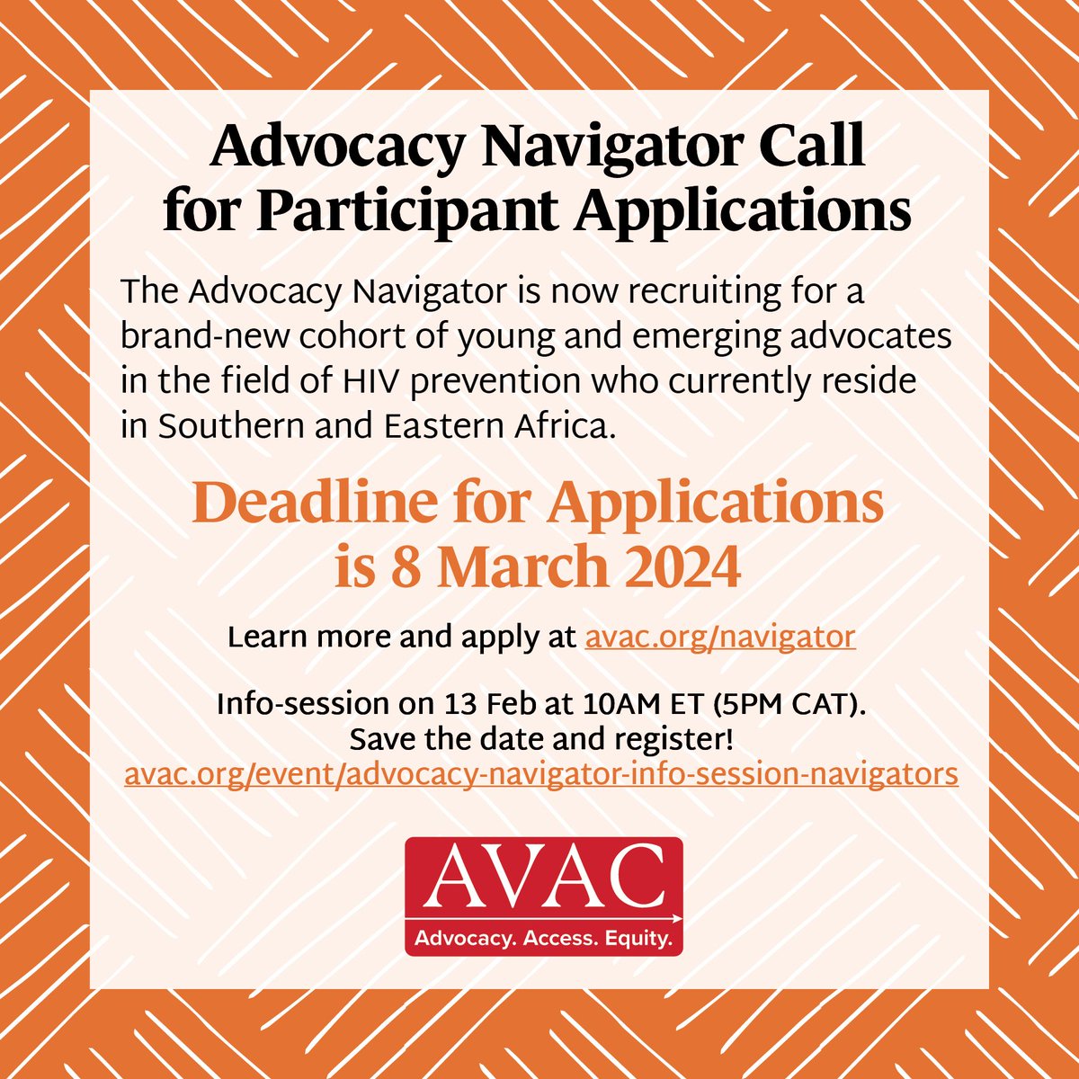 📢Calling all early-career advocates. Our 2024 Advocacy Navigator program is now accepting applications. Join us Feb. 13 for an info session about this incredible skills-building program, AVAC.org/navigator. @D_Moraa @AliceKayongo @ghati_lucy