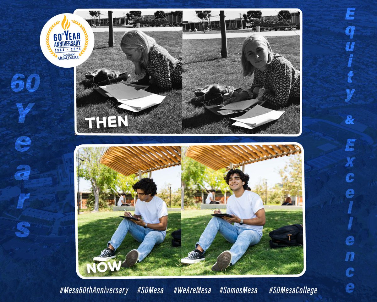 sdmesacollege's tweet photo. 60 years apart, but the passion for learning remains timeless 📚. Join us as we reminisce and celebrate 60 years of campus life every Tuesday! #Mesa60thAnniversary #SDMesa #WeAreMesa #SomosMesa #SDMesaCollege https://t.co/4qZaeZNB2v