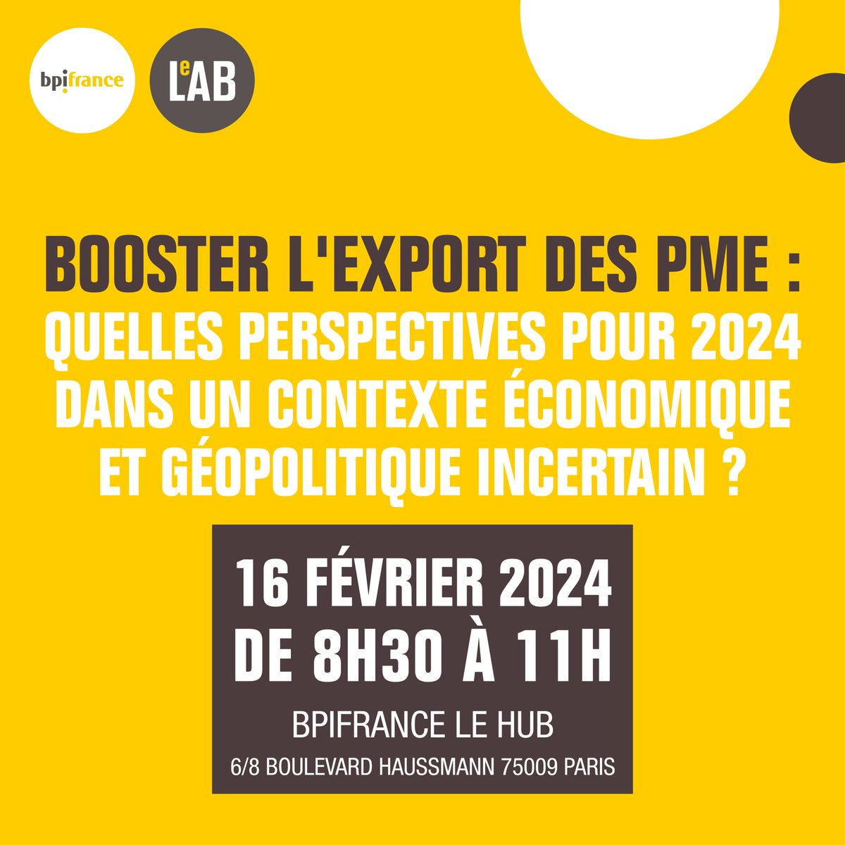 🌟📈 Événement #BpifranceLeLab 🌍
La France, 6ème exportateur mais face à un défi : réduire le déficit commercial. Découvrez notre plan d'action pour les PME le 16 février. Débat, analyses et perspectives.🚀 #Export #PME #Bpifrance  📍 Paris, Hub Bpifrance bit.ly/3OyTPls