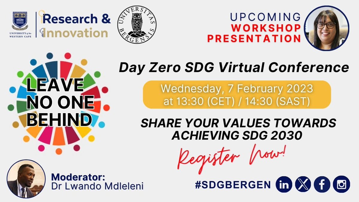 [UPCOMING WORKSHOP]  
Day Zero SDG Virtual Conference 

Join the interactive workshop online to engage on the topic 'Leave no one behind'.   

Register Now! shorturl.at/eIT13

#SDGBERGEN 
#LeaveNoOneBehind 
#SDG17Partnerships