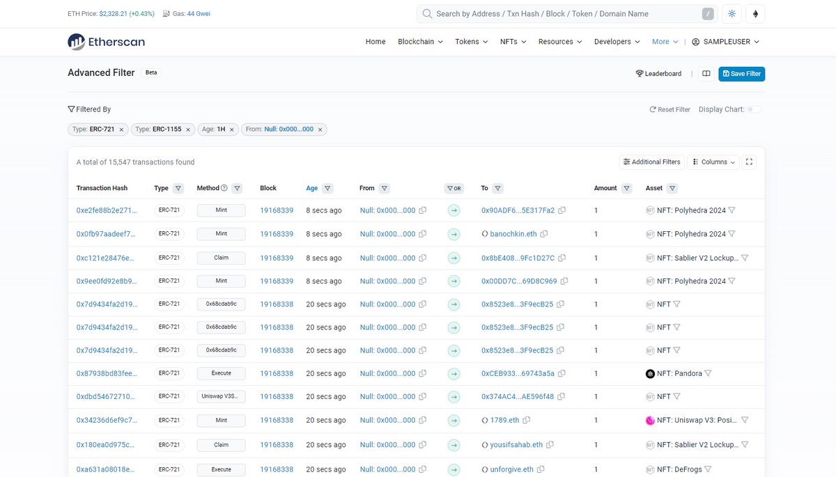 Pro Tip 💡

Find NFT alpha (NFA!) by going through the latest NFT mints in the past hour:

1.  Go to Advanced Filter
2.  Select "ERC-721" and "ERC-1155" in the Type field
3.  Choose "1H" in the Age field
4.  Include "0x0000000000000000000000000000000000000000" in the From field