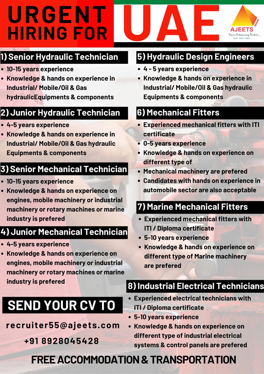 Share Your CV with recruiter55@ajeets.com or +91 8928045428

#TechnicianJobs #mechanicaljobs #electricalengineer #electricaljobs #mechanicalengineer #mechanicalfitter #fitterjobs #marinejobs #engineeringjobs #hydraulics #technicaljobs #designengineering #designengineer #uaejobs