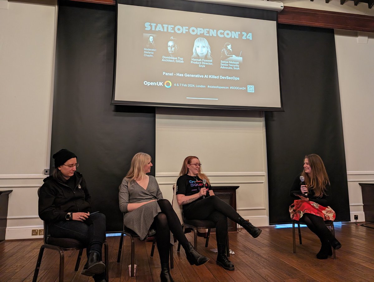 Andrew Martin β‘βΈοΈ (@sublimino) on Twitter photo Has generative AI killed DevSecOps? <a href="/devstefops/">Stefania Chaplin || DevStefOps π³οΈβπ (she/her)</a> leads a panel rich with security expertise in <a href="/devopsdomi/">ππDevOpsDomi ππ @KubeConEU/π¬π§/πΊπ¦/#BLM</a> <a href="/HannahFoxwell/">Hannah Foxwell</a> <a href="/SonyaMoisset/">Sonya Moisset π¦π</a> on the industry's current high water mark, and what it needs to achieve next π€π» #soocon24
- onboarding new developers in a world of AI
- GRC Has generative AI killed DevSecOps? <a href="/devstefops/">Stefania Chaplin || DevStefOps π³οΈβπ (she/her)</a> leads a panel rich with security expertise in <a href="/devopsdomi/">ππDevOpsDomi ππ @KubeConEU/π¬π§/πΊπ¦/#BLM</a> <a href="/HannahFoxwell/">Hannah Foxwell</a> <a href="/SonyaMoisset/">Sonya Moisset π¦π</a> on the industry's current high water mark, and what it needs to achieve next π€π» #soocon24
- onboarding new developers in a world of AI
- GRC
