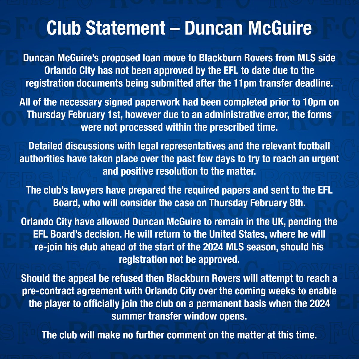 Rovers's tweet image. 📰 Club Statement - Duncan McGuire

🔗 rovers.co.uk/news/2024/febr…

#Rovers 🔵⚪️