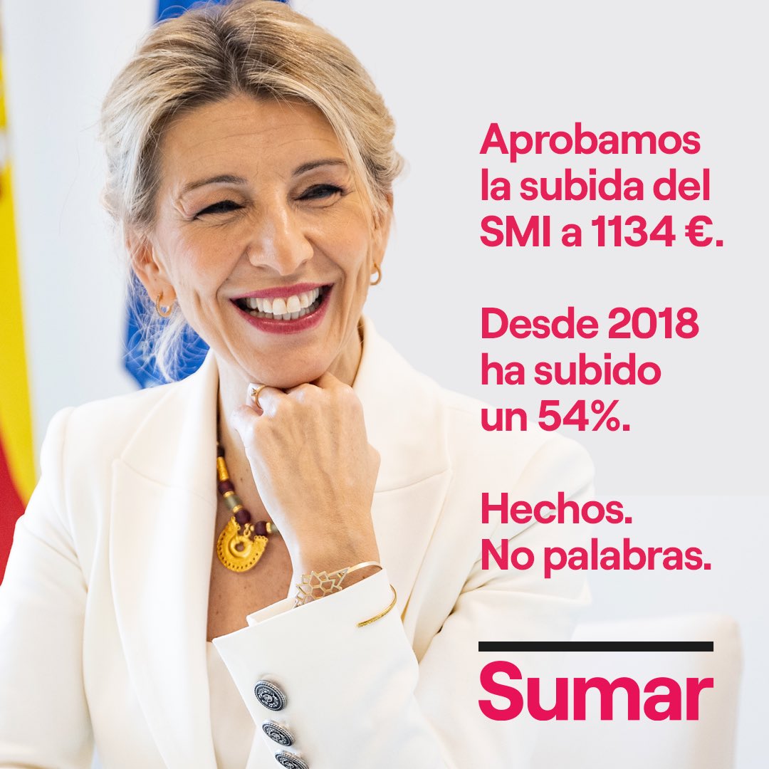 Hoy aprobamos en el Consejo de Ministros la subida del SMI a 1.134€.

Desde 2018 ha subido un 54%.

Hechos, no palabras. Vamos a más 🩷