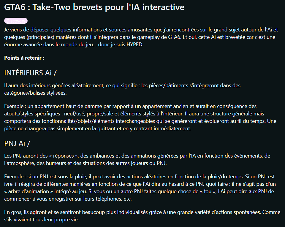 MGG_France's tweet photo. Take-Two aurait déposé un nouveau brevet concernant une nouvelle technologie d'IA pour GTA 6 :

-Intérieur des bâtiments générés aléatoirement, les intérieurs évolueraient selon le type d'appartement et les événements
-PNJ uniques selon la situation (pluie, si un PNJ est ivre...) https://t.co/Fa5Nyt6uVU