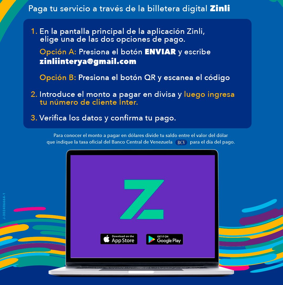InterCliente's tweet image. Te lo hacemos sencillo, así que paga tus servicios con la billetera digital Zinli   

inter.com.ve/mediosdepago/ #InterPagos