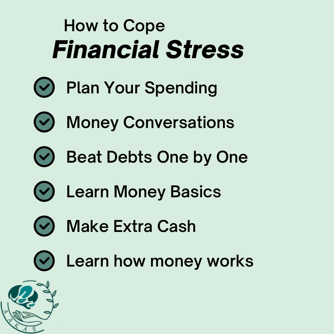 Financial stress? Take control with these steps: 
#aakarmentalhealthcounseling #mentalwellness #mentalwellnessmatters #mentalwellbeing #mentalwellbeingmatters #importanceofmentalhealth #mentalhealthcare #mentalhealthwarrior #stress #financialstress #lowincomestress #copefinancial
