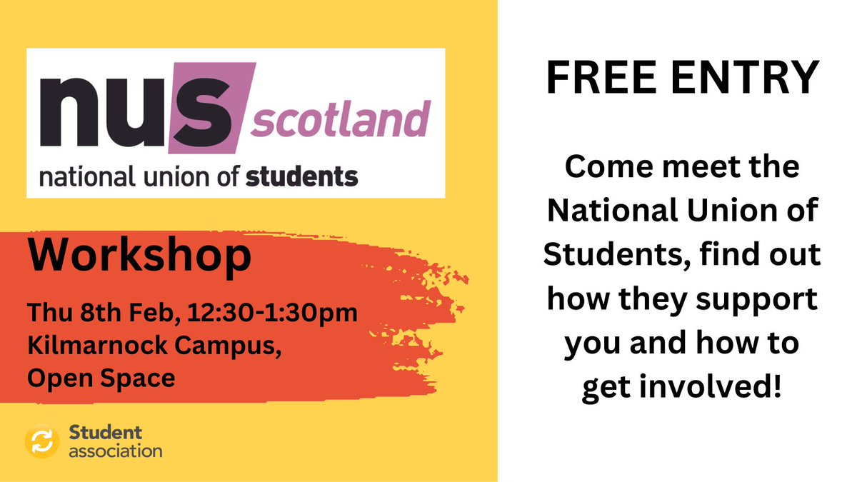 AyrshireCollSA's tweet photo. We are on the countdown towards our visit from @NUSScotland who'll be coming in to our Kilmarnock Campus to meet and speak with Students!  All @AyrshireColl students are welcome to join us! 

#nusscotland #studentvoice #studentrepresentation https://t.co/4JsUMhrTGA