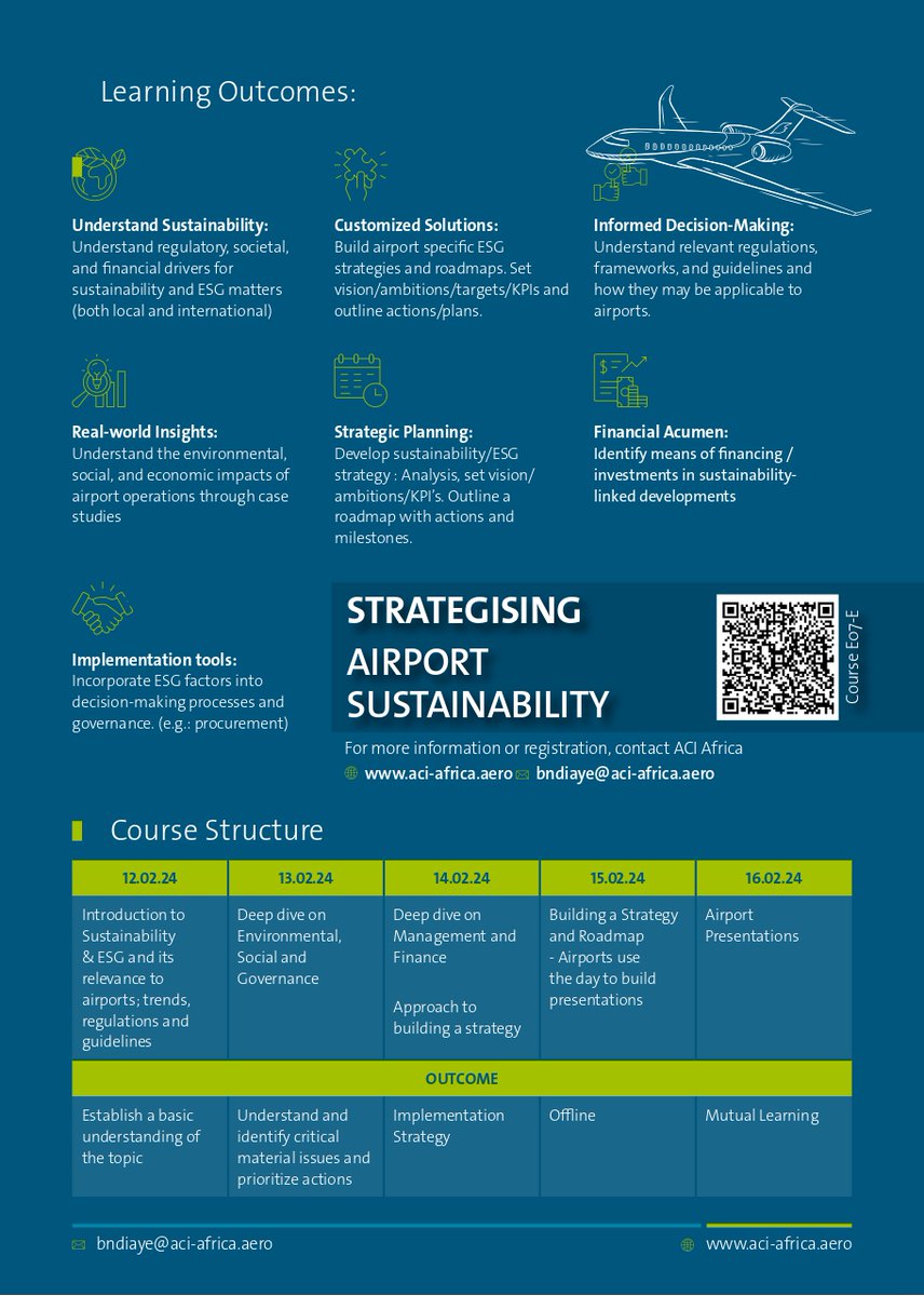 🌍 Embark on a transformative learning journey with the ACI Africa course to be conducted in collaboration with NACO "Airport Sustainability Strategy, ESG, and Finance."  From 12 to 16 February 2024.🌱

Register now: aci-africa.aero/afr-training-c…