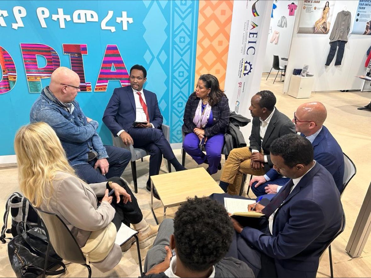 Hawassa_IP's tweet photo. First day of #texworldParis honoured by the presence of His E. State Minister Tarekegn Buluta and Her E. Ambassador Mahlet Hailu. #HawassaIndustrialPark manufacturers are among the manufacturers at the #MadeinEthiopia pavilion. Visit us at Porte de Versailles https://t.co/wvGVx4KKCn