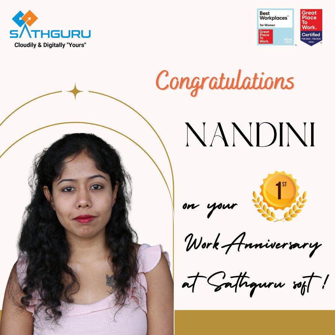 SathguruSoft's tweet photo. Cheers, Sai Nandini, on your first year at Sathguru Soft! May your journey with us be filled with many more milestones ahead! Congratulations!👏

#cheers #workanniversary #employeerecognition #sathgurusoft #cloudsaas #cloudsaassale #cloudproducts 
#sathgurusoftwareproducts #gptw https://t.co/EZl2XZGluG