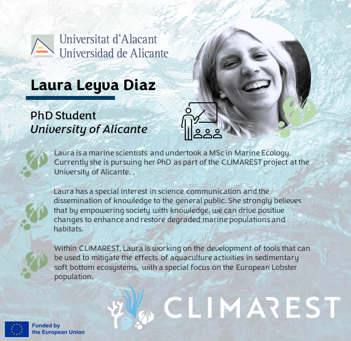 #FacesOfCLIMAREST - @LauraLeyvaDiaz 

🧠 Laura is super keen about #outreach and has been pivotal in the design of a variety of lobster themed resources to #engage the general public in the importance of the #marineecosystem in the #RiasDeVigo.

#MissionOcean #HorizonEU