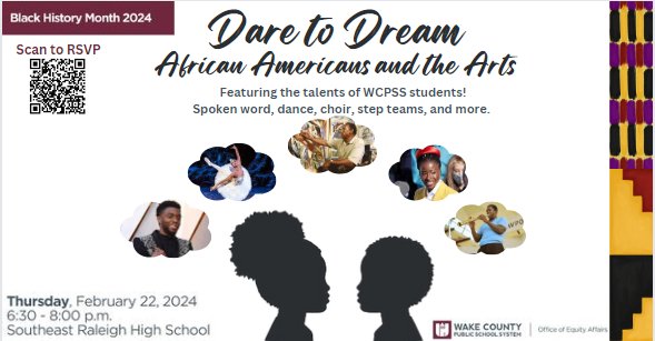 SpcTkey's tweet photo. Please join us!  The National Achiever's Society will participate in the "Dare to Dream" "African Americans and the Arts" program.  A wonderful celebration of African American History! #RHS#NAS#WCPSS# https://t.co/xldYeHGqip