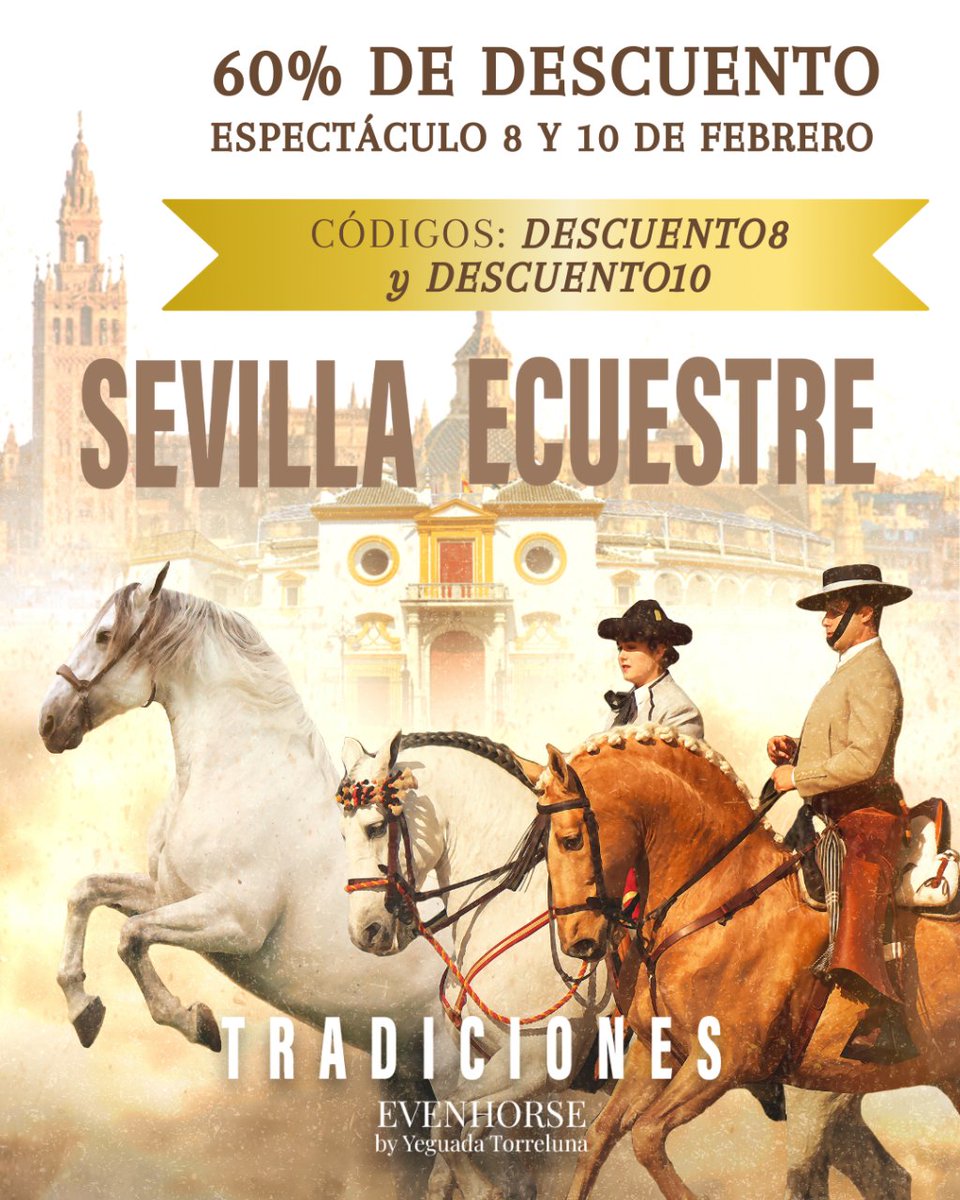 evenhorseshow's tweet photo. ⚡ ¡Oferta relámpago! ⚡

Este jueves 8 y sábado 10 de febrero, disfruta del espectáculo ecuestre "Tradiciones" con un increíble 60% de descuento 🔥

Solo tienes que usar los códigos ➡️DESCUENTO8 y ➡️DESCUENTO10 al reservar tus entradas🐎

🔗 https://t.co/pd7n0NGQcr https://t.co/xeZJ7LmDVc