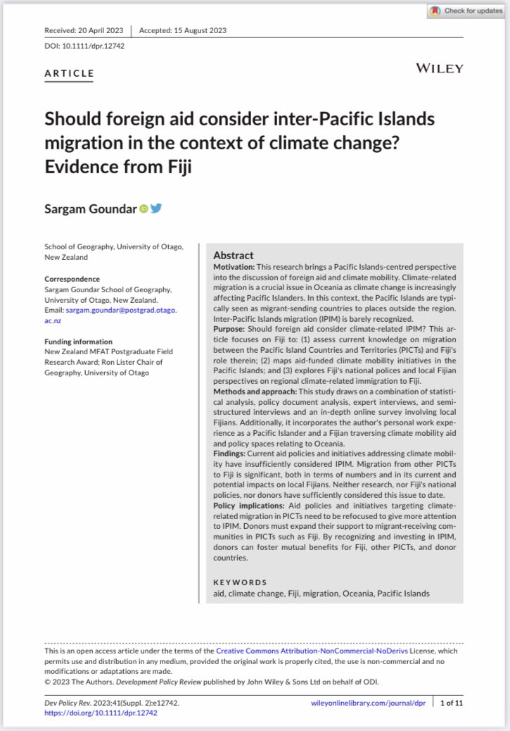 📣Excited to share my first paper 📝 based on my ongoing PhD research on #climate-related #migration in the #PacificIslands region🌏!

#OpenAccess 🆓 to download👇🏾onlinelibrary.wiley.com/doi/10.1111/dp…

#climatechange #mobility #climatemobility #Pacific