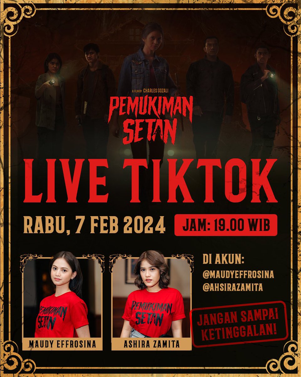 BESOK! Mari kita ngobrol seru bareng Alin (Maudy Effrosina) dan Zia <a href="/ashirazamita/">Ashira Zamita</a>.

Pantengin akun Tiktok mereka jam 19.00 WIB ya.

Yang udah nonton, yang belum nonton ayo kumpul semua. Bisa tektokan langsung sama Alin dan Zia. Seruuuu!

#PemukimanSetan #FilmPemukimanSetan