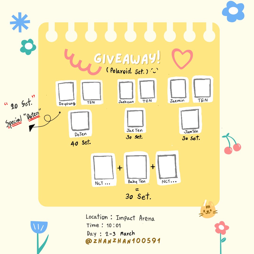 Hi 10vely 💜 and Shippers 

เราทำ gift away มาแจกครับบบ☺️

“ 150 set.” 

Doten 40 set. + special 20 set.
Jaeten 30 set.
Jamten 30 set.
Baby ten+NCT 30 set.

มีใครสนใจ รี or เฟบ หรือเมนชั่นเช็คประชากรหน่อยครับ🥺

📍: Impact Arena 10:01 
 #TEN_FIRST_FANCON_IN_BKK