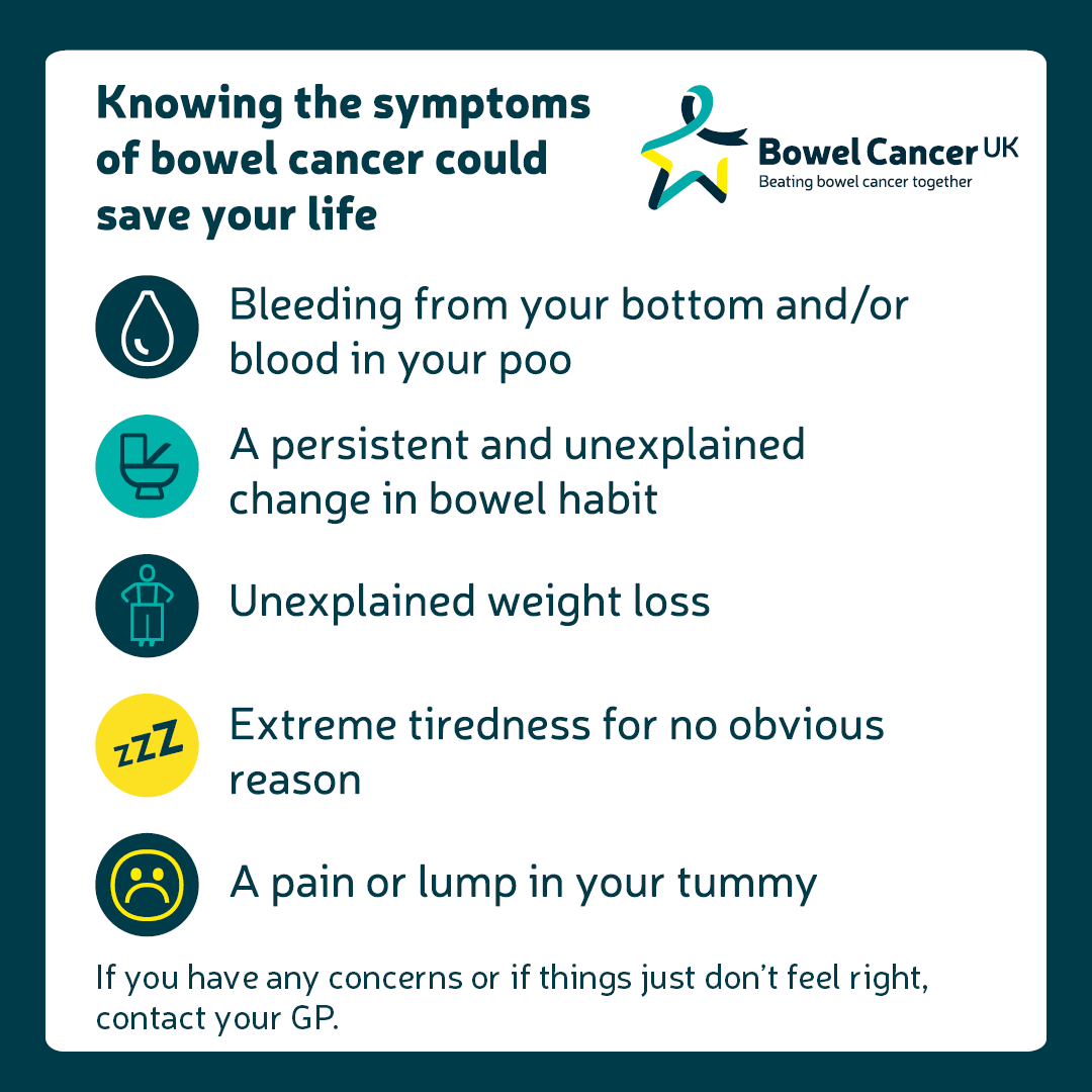 We’re sharing the five red flag symptoms of #BowelCancer so everyone knows what to look out for.
 
If you notice any of these symptoms or something doesn’t feel right, we’d encourage you to visit your GP.
 
Find out more: bit.ly/475m1DO