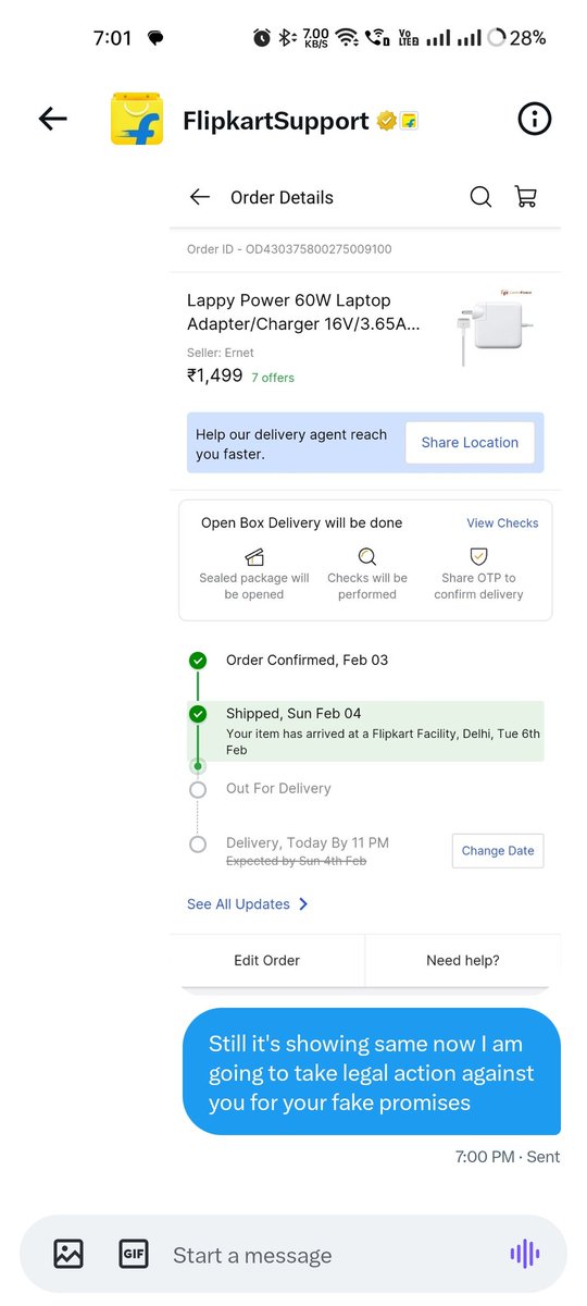 pm12898's tweet photo. @Flipkart @flipkartsupport @jagograhakjago really filpkart have not value for time of ther customer today 7 Feb they show me my product I get on 4 Feb after they my product was delayed. Then Sayed me I will get 7PM still I am waiting but still it's not processed I want ligal acti https://t.co/Qta3aLC337