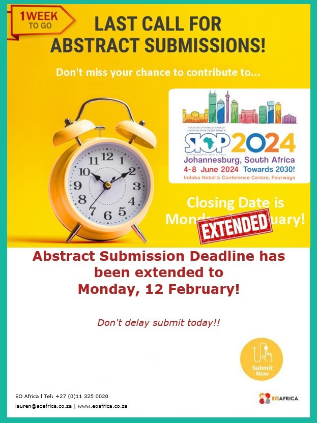 SIOP-Africa (@siopafrica) on Twitter photo There's an extension for #SIOPAfrica2024 abstract submission!
<a href="/WorldSIOP/">SIOP International</a> <a href="/SIOPEurope/">SIOPE 🎗️</a> <a href="/youngsiop/">Young SIOP</a> <a href="/PedOnco_Women/">SIOP Women Leaders in Paediatric Oncology Network</a> <a href="/SIOP_GHN/">SIOP Global Health</a>
<a href="/CancerPOINTE/">POINTE</a> There's an extension for #SIOPAfrica2024 abstract submission!
<a href="/WorldSIOP/">SIOP International</a> <a href="/SIOPEurope/">SIOPE 🎗️</a> <a href="/youngsiop/">Young SIOP</a> <a href="/PedOnco_Women/">SIOP Women Leaders in Paediatric Oncology Network</a> <a href="/SIOP_GHN/">SIOP Global Health</a>
<a href="/CancerPOINTE/">POINTE</a>