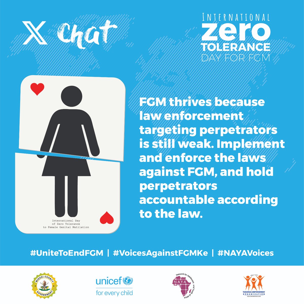 Let's reaffirm our commitment to protecting the rights of girls and women in Kenya. Say NO to FGM on the International Day of Zero Tolerance for FGM. Together, we can create a safer, healthier future for all. 
#UnitedToEndFGM 
#VoicesAgainstFGMKe 
#NAYAVoices