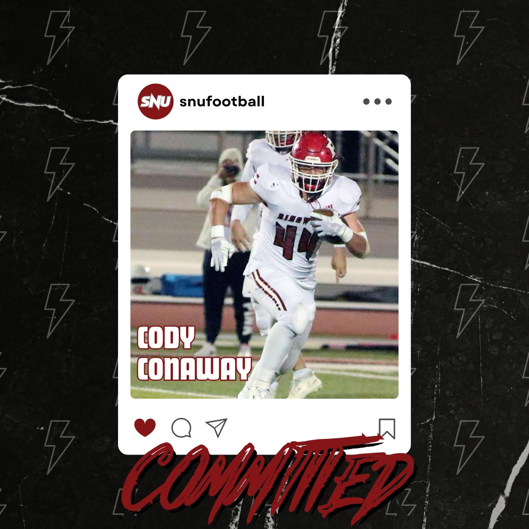 Cody Conaway (@codyconaway16) on Twitter photo I am excited to announce that I am committed to Southern Nazarene University to continue my athletic and academic career! #AGTG #BoltsUp⚡ <a href="/SNUFootball/">SNU Football</a> <a href="/CoachNABrown/">Nathan Brown</a> <a href="/CoachHada/">Dustin Hada</a> <a href="/Coach_Indy/">Indy Siehndel</a> <a href="/SNUAthletics/">SNU Athletics</a> I am excited to announce that I am committed to Southern Nazarene University to continue my athletic and academic career! #AGTG #BoltsUp⚡ <a href="/SNUFootball/">SNU Football</a> <a href="/CoachNABrown/">Nathan Brown</a> <a href="/CoachHada/">Dustin Hada</a> <a href="/Coach_Indy/">Indy Siehndel</a> <a href="/SNUAthletics/">SNU Athletics</a>