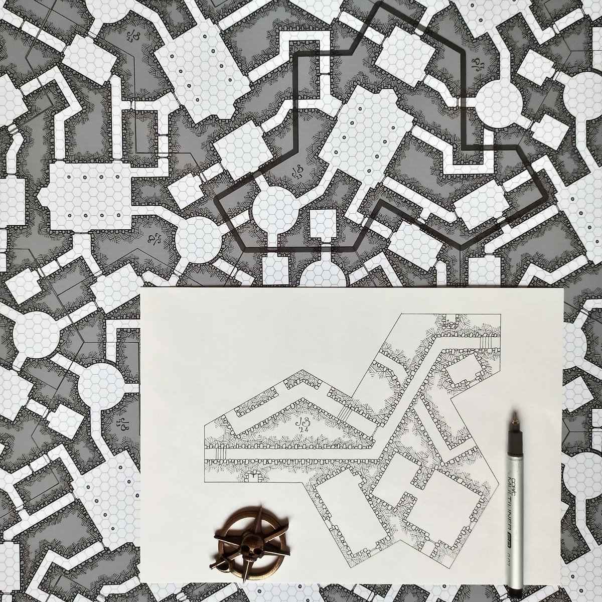 jogbrogzin's tweet image. Aperiodic dungeon tiling (geomorphs)

I made new dungeons in both the Monotile (discovered last year by David Smith) and the Penrose kites and arrows (discovered by Sir Roger Penrose). Infinite aperiodic dungeons for all! 

#dungeonmap #geomorph #dndmap #rpgmap #fantasymap #osr
