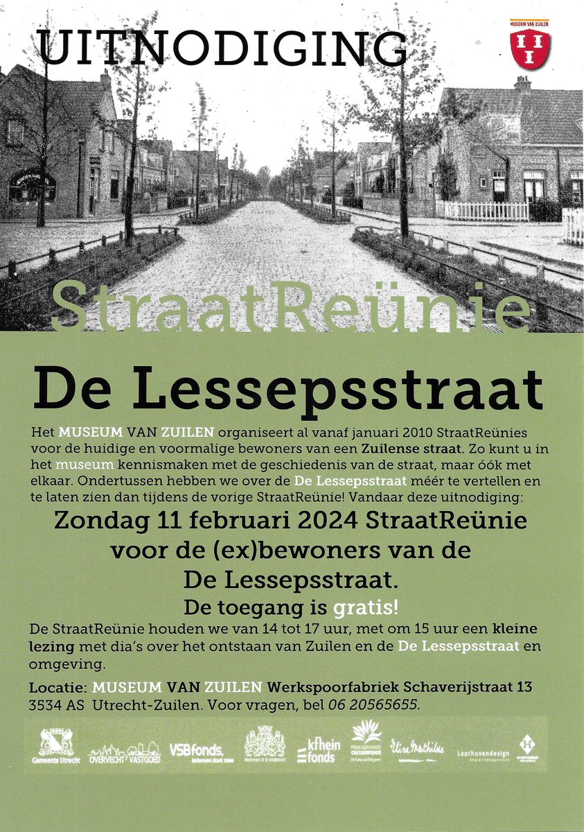 Zondag 11 februari StraatReünie voor de De Lessepsstraat, oude en nieuwe bewoners zijn allemaal welkom. Inloop vanaf 14 uur. Om 15 uur een kleine lezing met foto's over de straat. Welkom, geef u even op via 06 20565655 of mail naar info@museumvanzuilen.nl. De toegang is gratis!