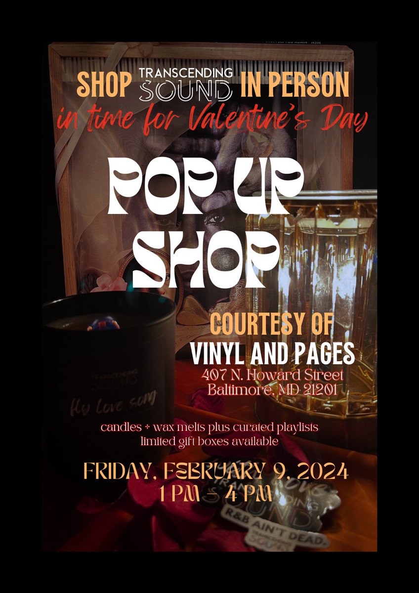 transcendsound's tweet photo. Baltimore fam! Come shop some new candles/wax melts in time for Valentine’s Day on Friday! See you at Vinyl and Pages 🫶🏾🌹 https://t.co/IK4rBpvLfK