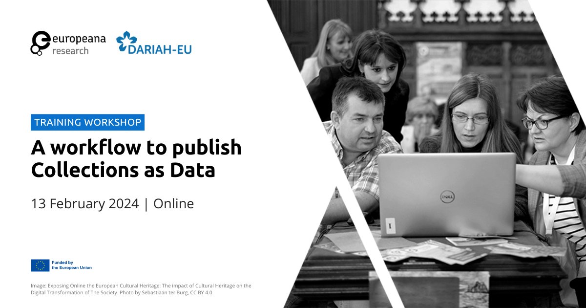 Join our training workshop, co-organised with @DARIAHeu, to explore our 'Collections as Data' workflow and engage in discussions about specific use cases related to datasets in cultural heritage, academia and research! #DS4CH 🚩 13 February, 3.30 PM CET pro.europeana.eu/event/a-workfl…