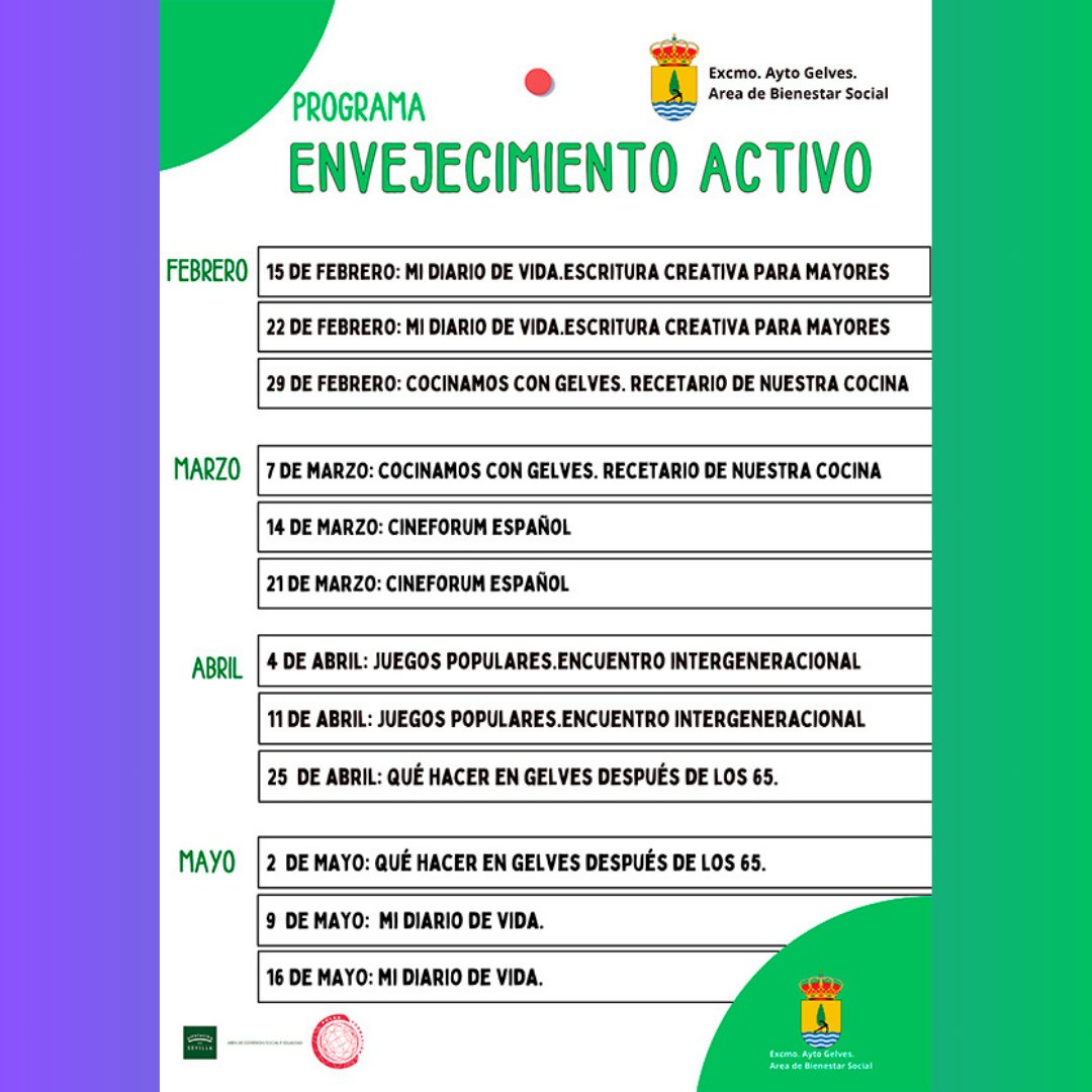 PROYECTO DE ENVEJECIMIENTO ACTIVO PARA PERSONAS MAYORES. Bienestar Social ofrece a partir del 15Feb una programación para mayores de 60 años: dinámicas, taller de cocina, diario de vida, análisis de cine, actividades intergeneracionales, ... Inscripciones en Ayto. de 9 a 14h.