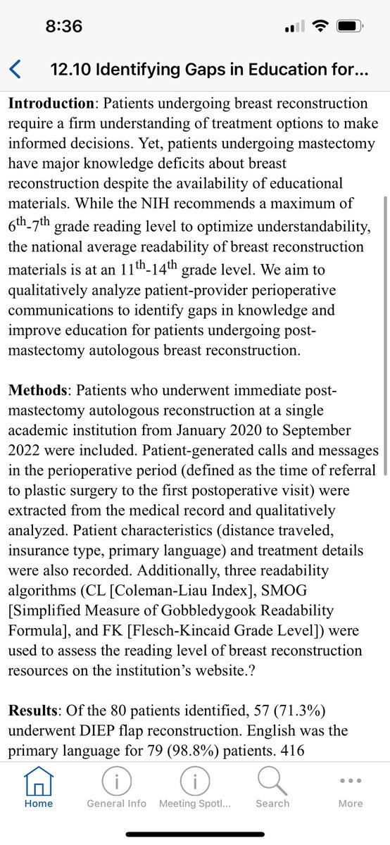 KickAsana's tweet photo. Now hearing from @UCSFMedicine @AileenGozali (mentored by Dr. Marisa Piper) 🗣️ patient-provider convos re: post-mastectomy reconstruction:

-Most pts spoke English
-Website info only in English 🤔

Need pt ed materials (1) non-English (2) lower reading level #ASC2024 https://t.co/O4Pst2op0M