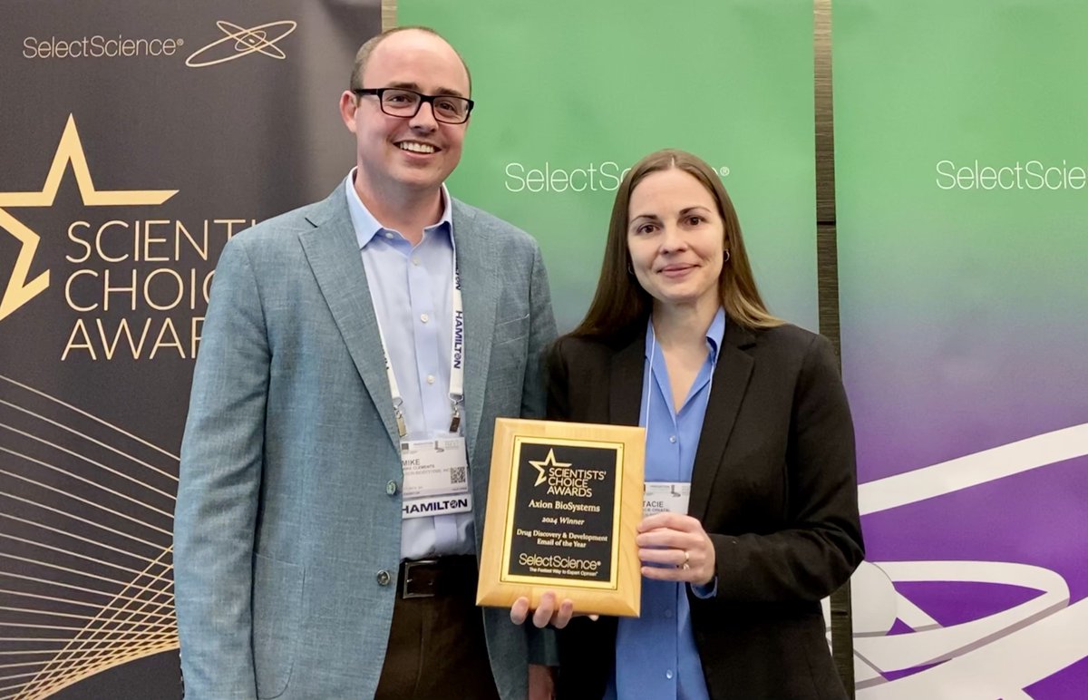 axionbio1's tweet image. Thrilled to receive the #SelectScience Scientists&apos; Choice Award for Drug Discovery &amp;amp; Development Email! 🏆 Thanks to all who make our #MaestroMEA systems essential tools in labs worldwide. Special thanks to Heather, Adare, Steve, and Maya for their creative efforts! #axionbio…