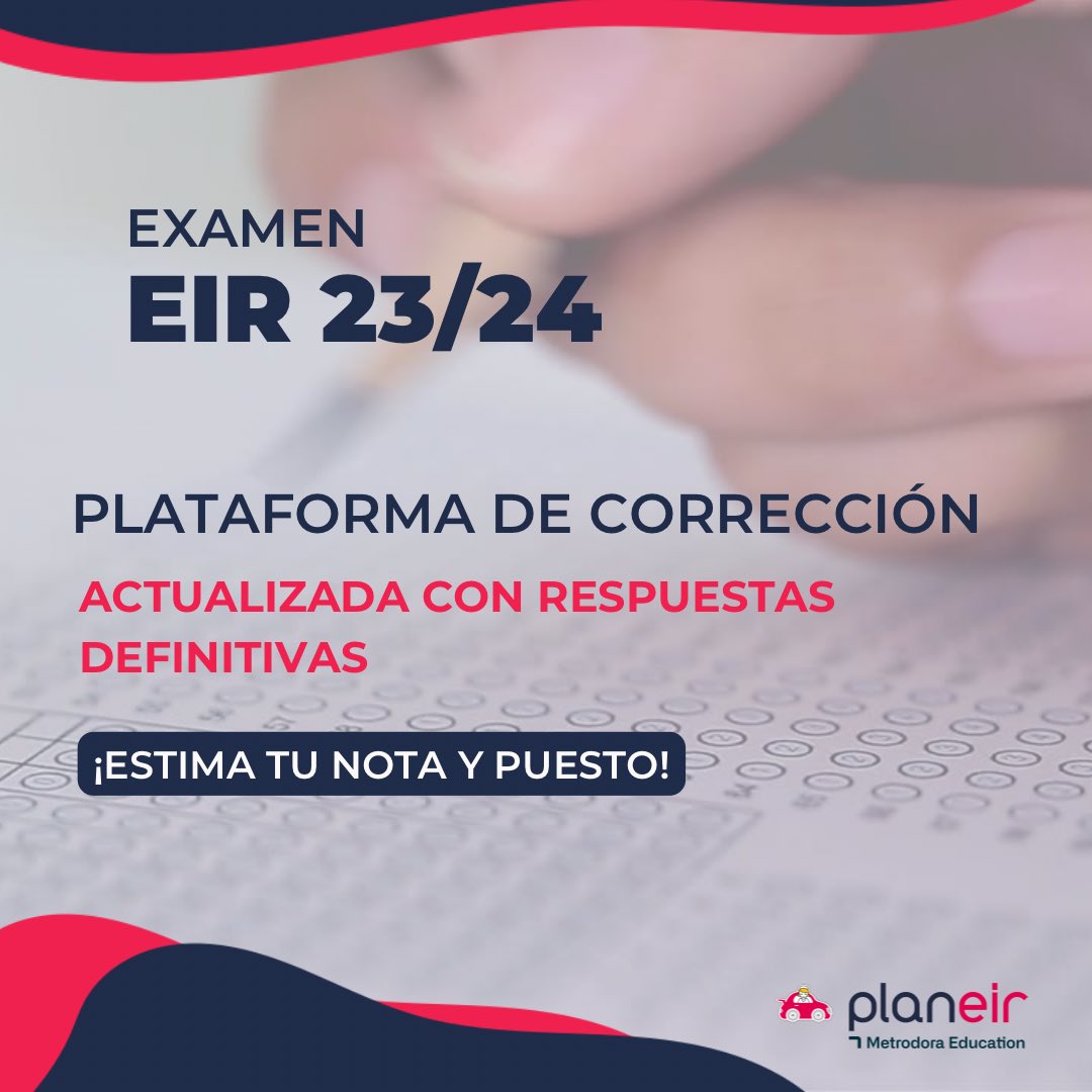 Futuros residentes! ✨ El ministerio acaba de subir la plantilla de respuestas definitivas. Ya hemos actualizado la plataforma de corrección. Ya puedes acceder a nuestra plataforma y ver tu nota, tus netas y la posición estimada correccioneir.planeir.es/?promo=2402

¡Más de 3300 exámenes