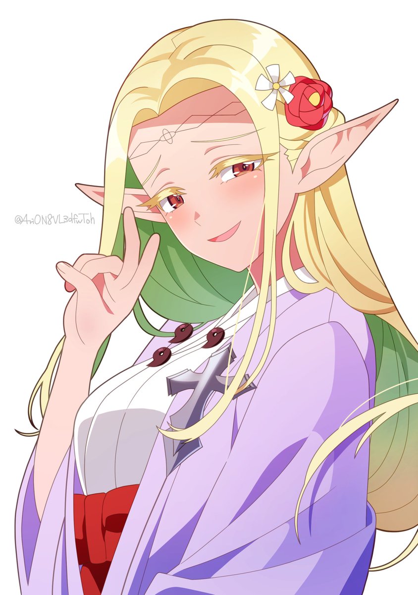1girl pointy ears blonde hair solo flower japanese clothes long hair  illustration images