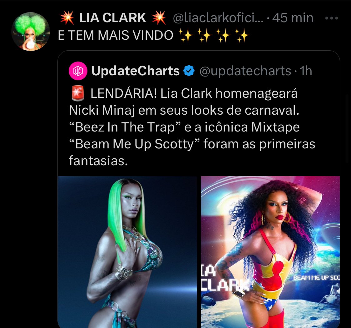 🚨 #CARNALIA :  A Nossa Diva <a href="/liaclarkoficial/">Lia Clark 🌩️ FENOMENAL 🌩️</a> avisa que vai vim mais fantasias homenageando a Rainha Do Rap <a href="/NICKIMINAJ/">Nicki Minaj</a> . 
Lia está sendo Lendária !