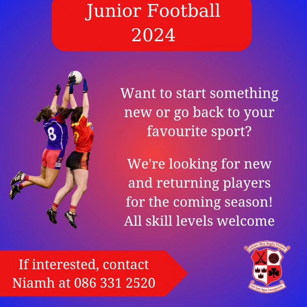 Erins Own Ladies Club are looking for new and returning players for the 2024 football season! All skill levels are welcome, simply contact Niamh at 086 331 2520 if interested. (Please note players must be at least 15 to play at Junior level) #roghaeireannabú #ladiesfootball