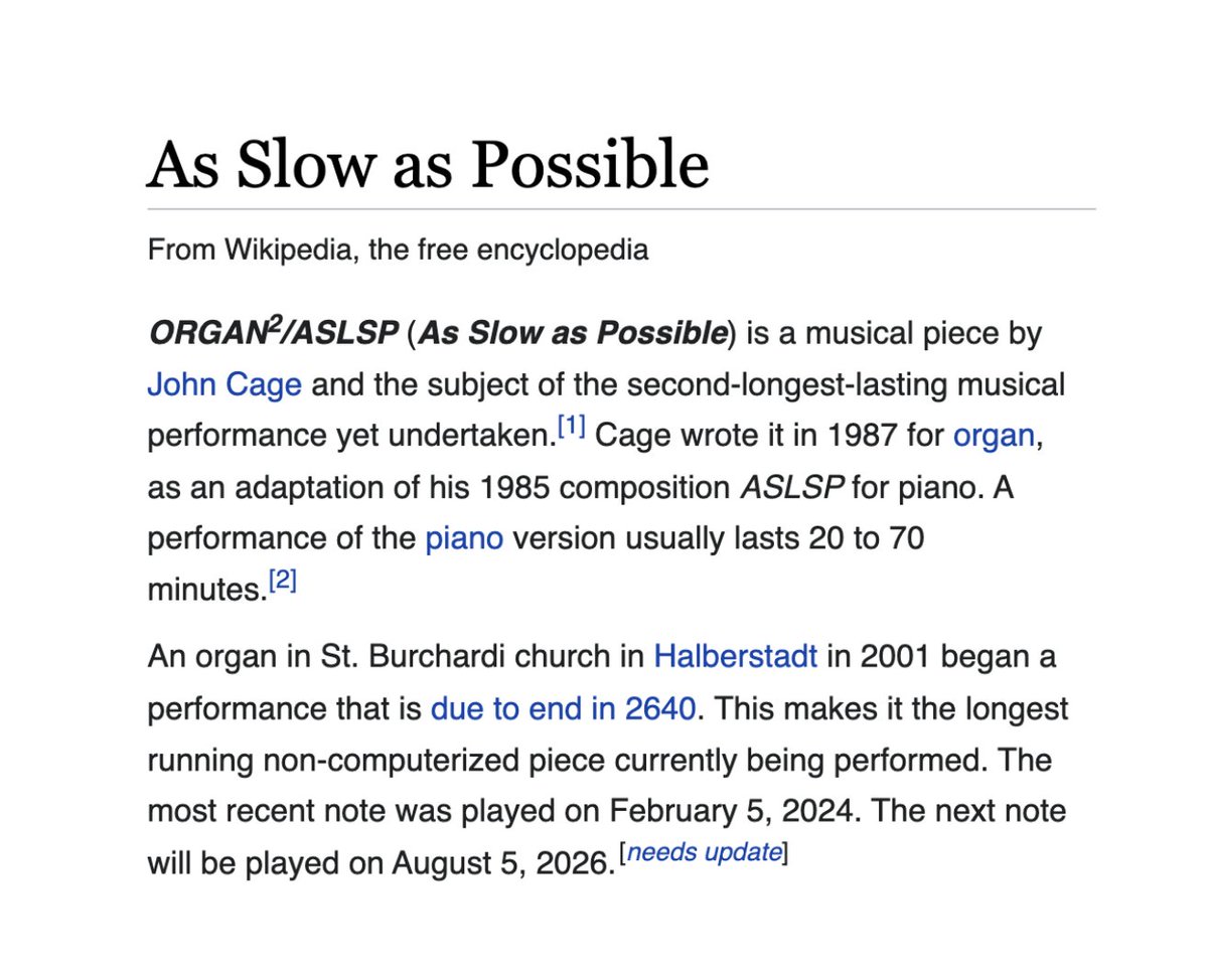 Yesterday the Halberstadt Cathedral's 639-year continuous performance of the song 'As Slow as Possible' played a new note for the first time in two years