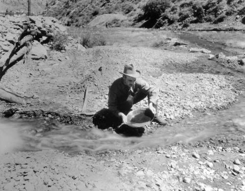 View of a man using a pan for hydraulic gold placer mining, in a Gunnison County, Colorado stream. (1910-1930?) digital.denverlibrary.org/digital/collec…