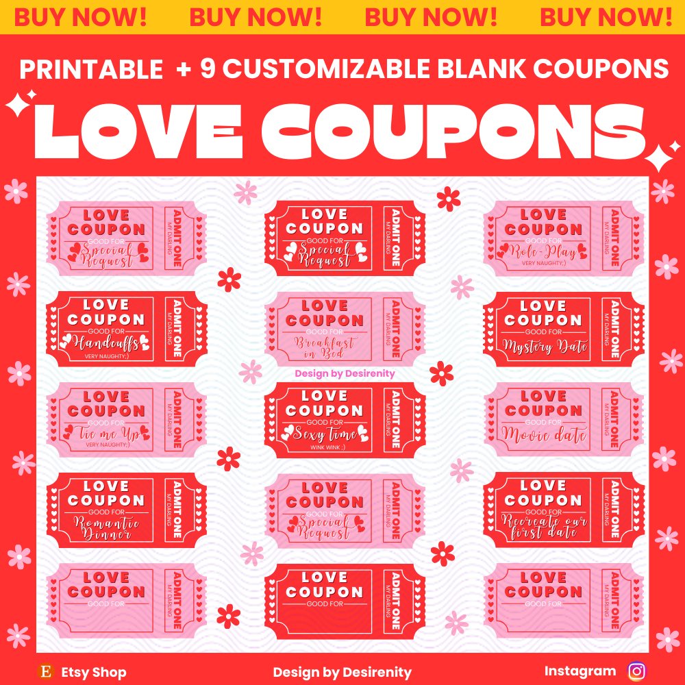 desirenity_'s tweet photo. I just made a listing on Etsy and Ko-fi! 
If you still haven't found a gift for your partner this valentine's day, or a special anniversary, I suggest you try these printable LOVE COUPONS! https://t.co/idsUd3Dayf