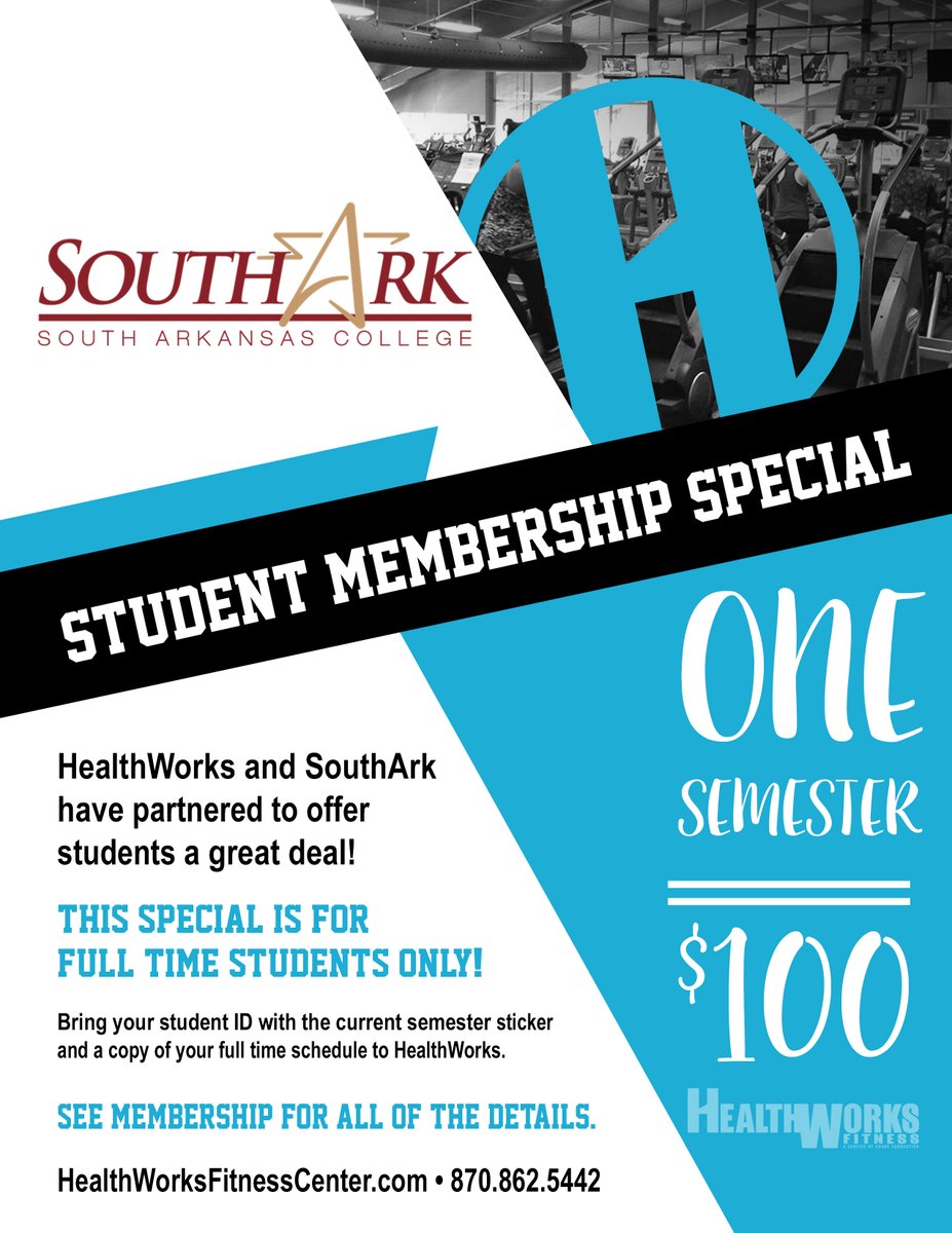 SouthArk students can join HealthWorks for $100 per semester!
See Membership for more details.